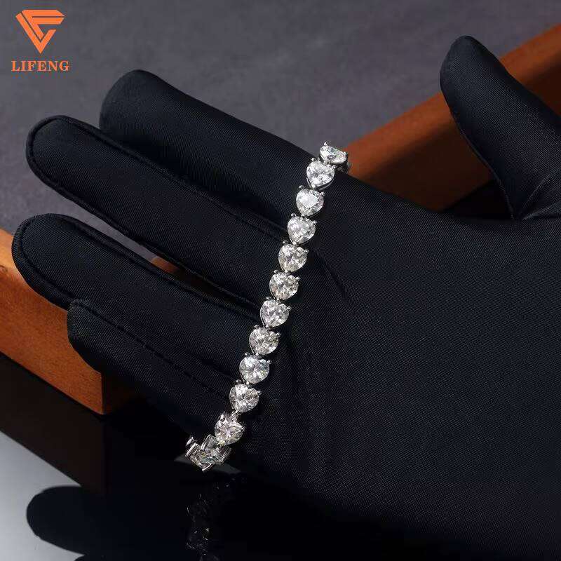 Women Shape 7x7mm VVS Moissanite Dia Tennis Link Chain Bangle Sterling Sier Heart Bracelet