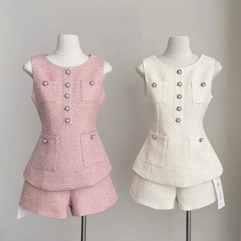 igh Quality Female Tweed Sleeveless Vest Top High Waist Shorts Set Women French Slim Summer Sweet Girl Lady Two Piece Outfits 250728