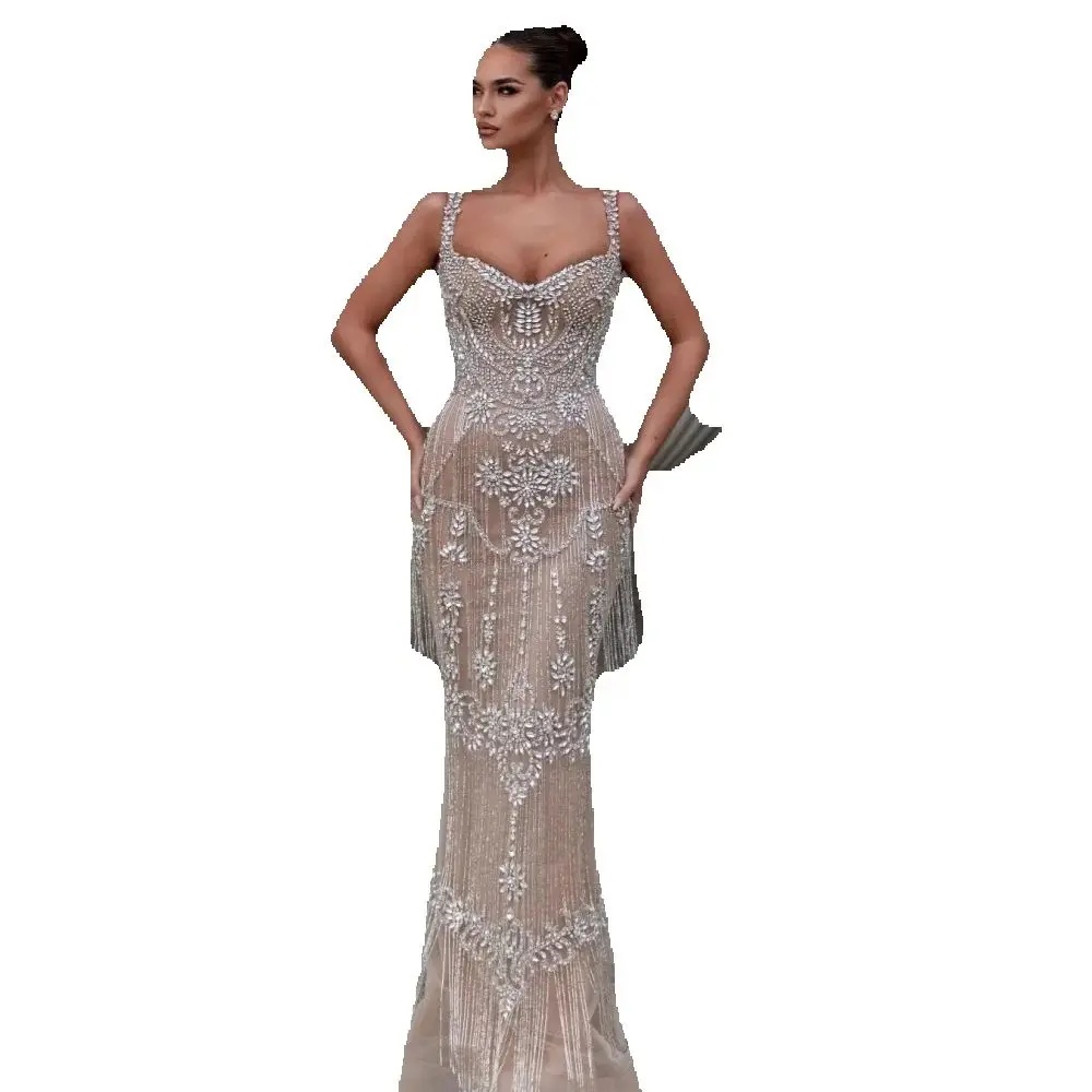 Luxurious Crystal Evening Dresses Customized Sexy Beaded Sleeveless Tassels Prom Dress Spaghetti Straps Floor Length Party Gown