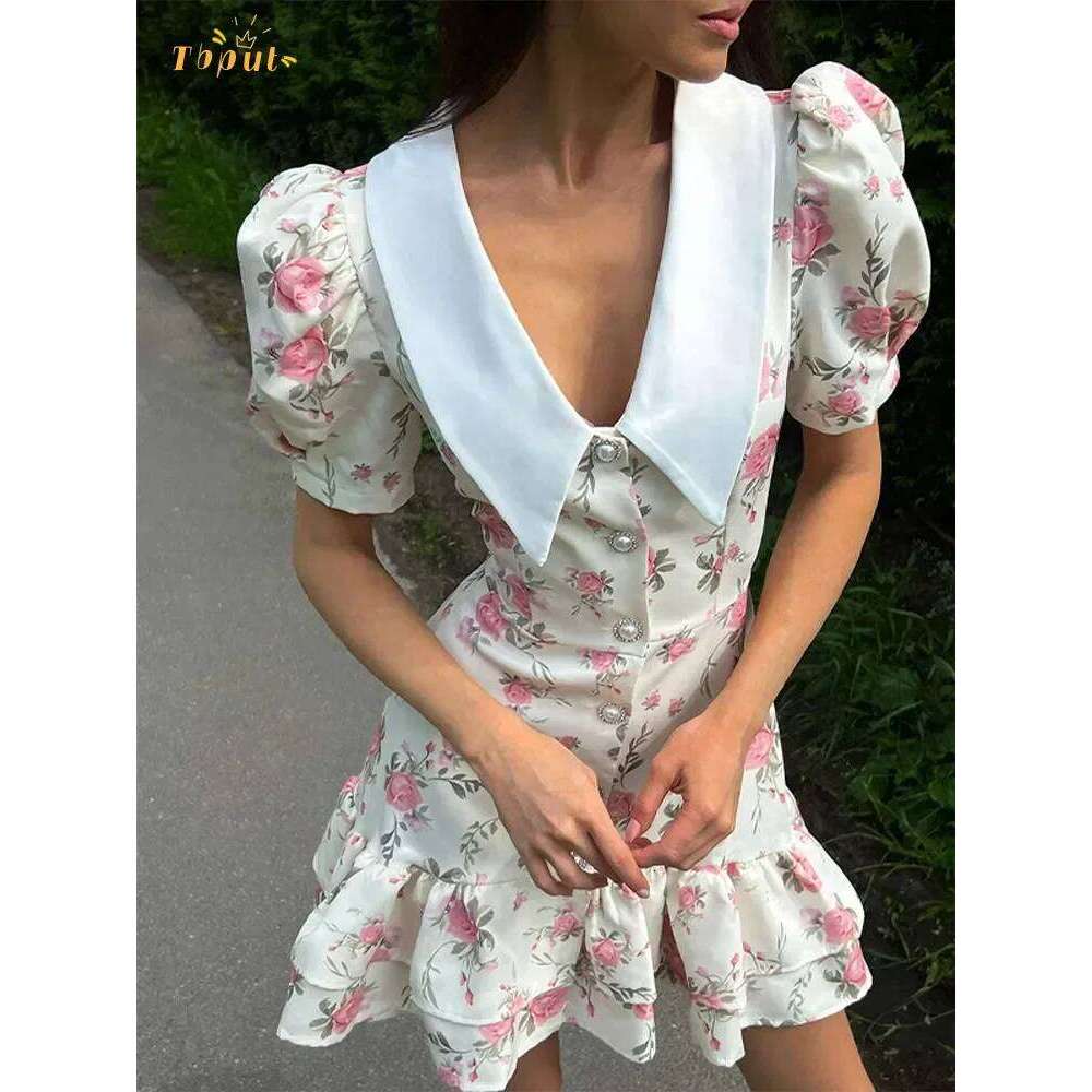 Designer Clothing 2025 Flower Printed Lapel Mini Dress Women Casual Daily Sleeved V Neck A-Line Fluffy Short Vestido 2025 New Summer Holiday Robe