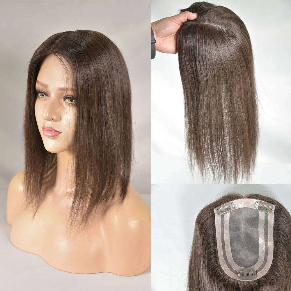 Topper Real Human Clip in Hair Hairpieces for Women No Bangs Top Base Mono Lace 4x6inch Brown Color 14inch