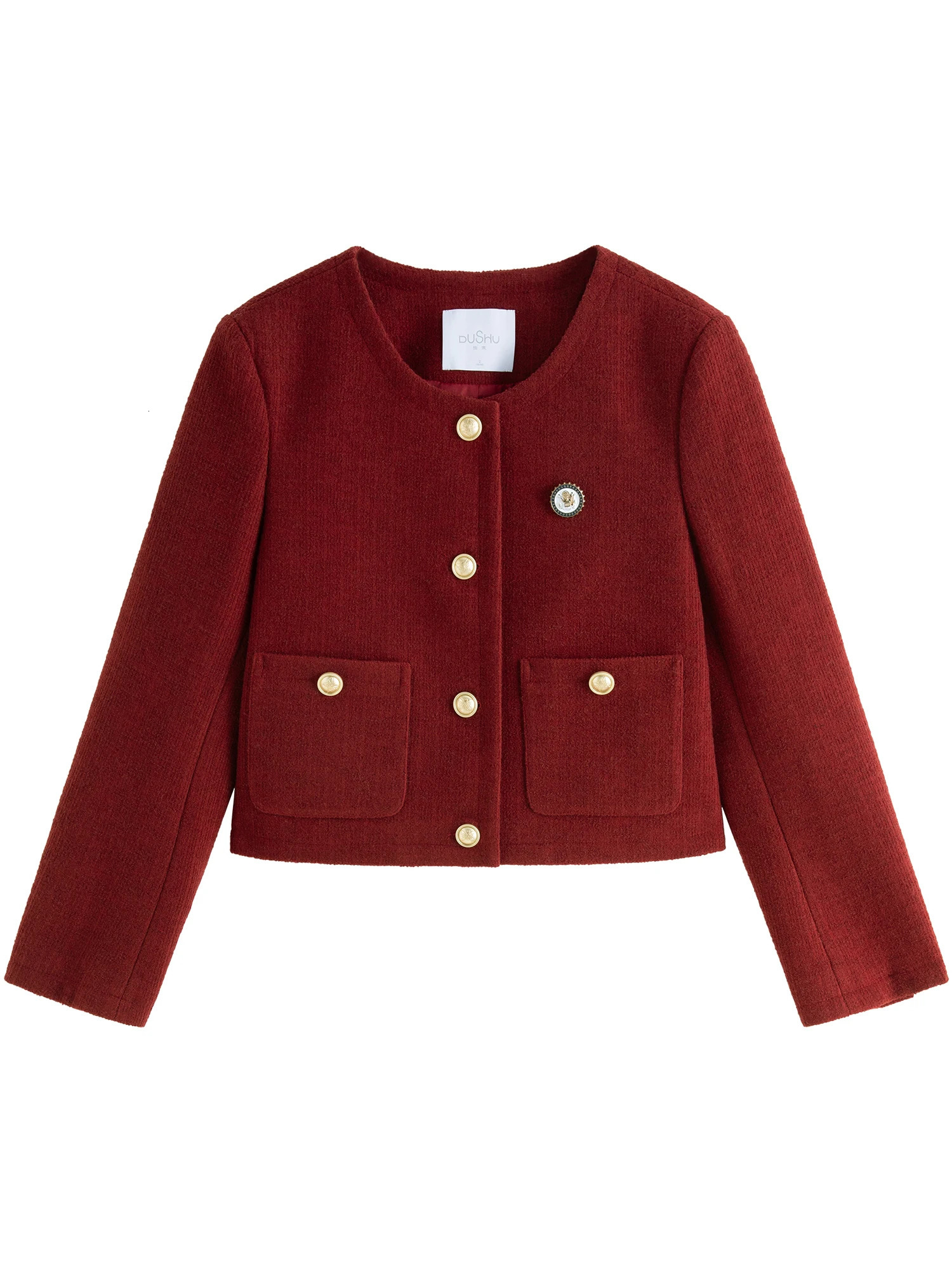 Dushu Women Red Tweed Jackets Round Neck Single Breasted Winter Navy Blue Female Thicken Coats 24DS84286 250728