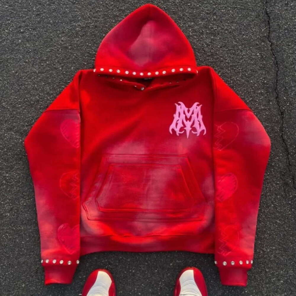 American Y2K Spring and Autumn Unisex Letter Foam Print Rhinestone Pullover Hoodie