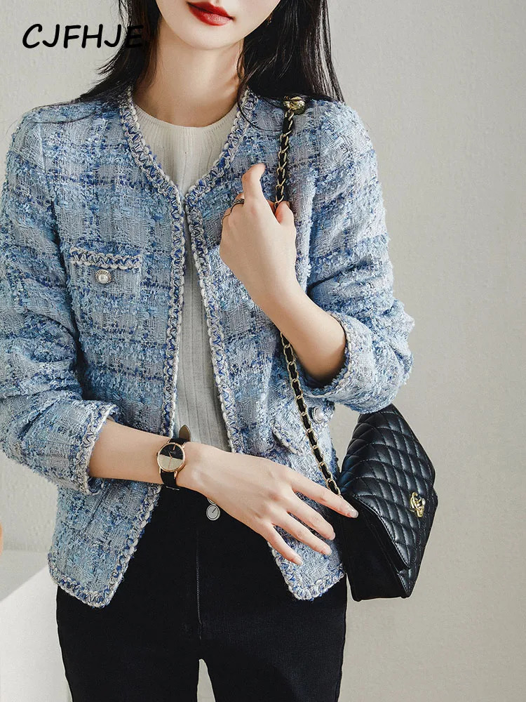 7777777777777777 Long Sleeve Fashion Tweed Jackets Women Spring Autumn Classic Coats Female Plaid Blue Loose ONeck Elegant Lady Jackets 250728