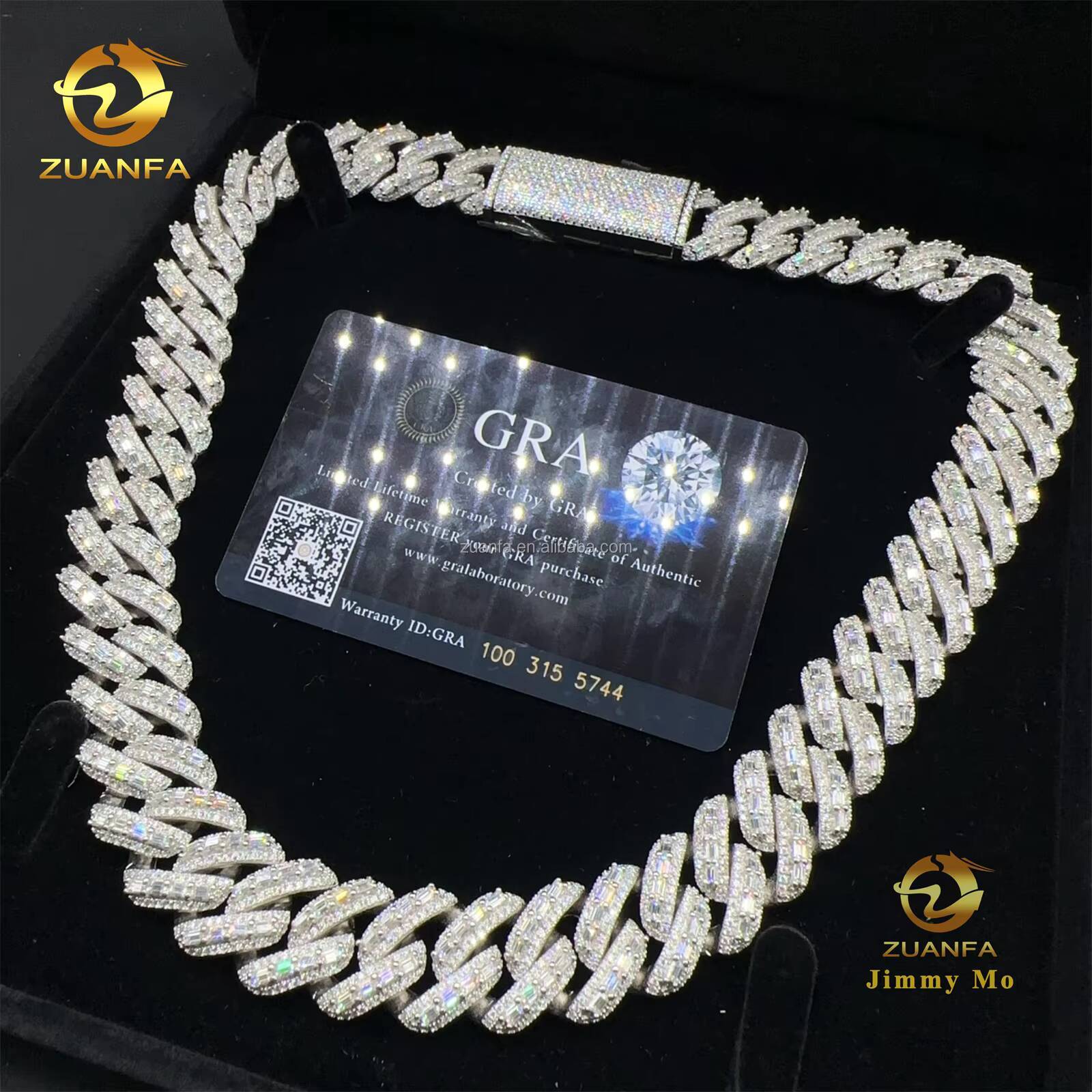 18mm Three Row Stone Luxury Rapper Jewelry 925 Solid Silver Iced Out Hip Hop Baguette Moissanite Diamond Miami Cuban Link Chain