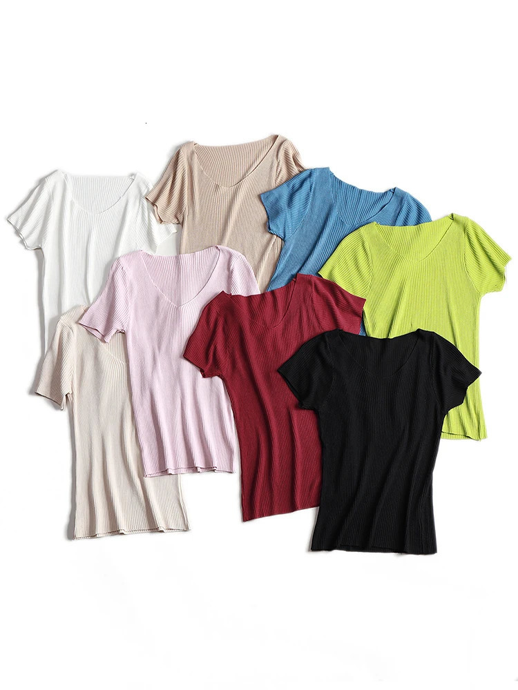 Korean Womens Knitted Pullover Short Sleeve Sweater Spring Summer Slim Basic Solid Casual Base Female Knitting Shirts 250728