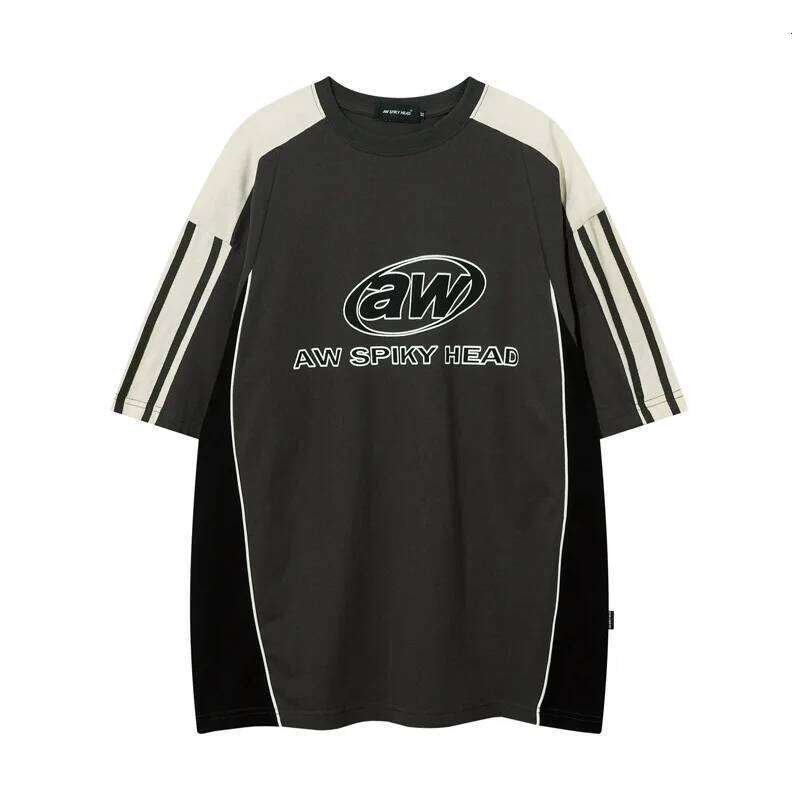 Retro Preppy Style T-shirts Men's Patchwork Color Contrast Short Loose Streetwear tshirt Half Sleeve Fashion Tops Tees