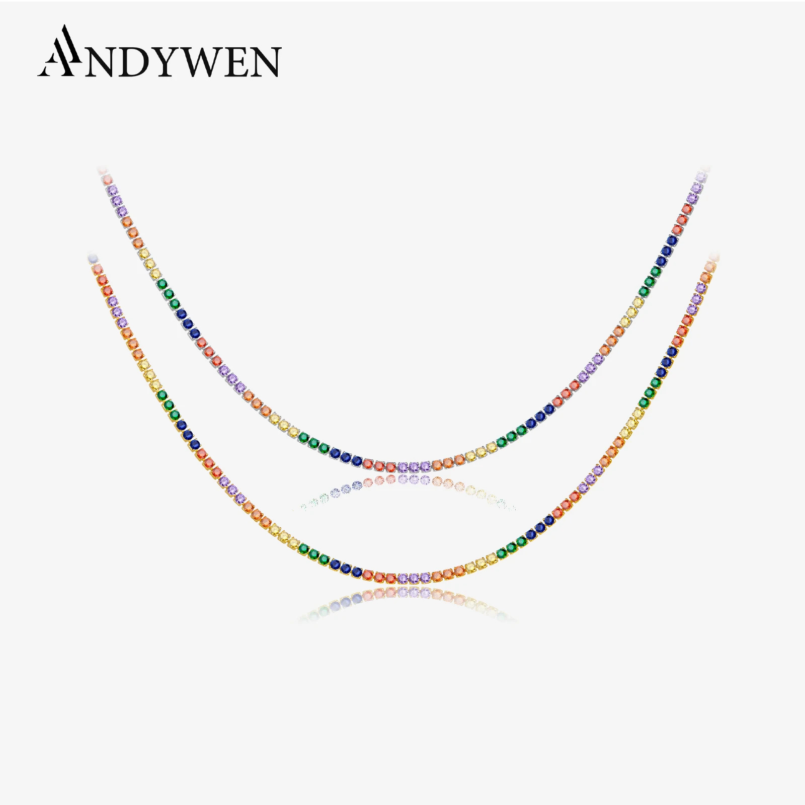 ANDYWEN 925 Sterling Silver Gold Rainbow Zircon CZ 2mm Tennis Chain Choker Necklace Women Party Colorful Birthday Gift 250722
