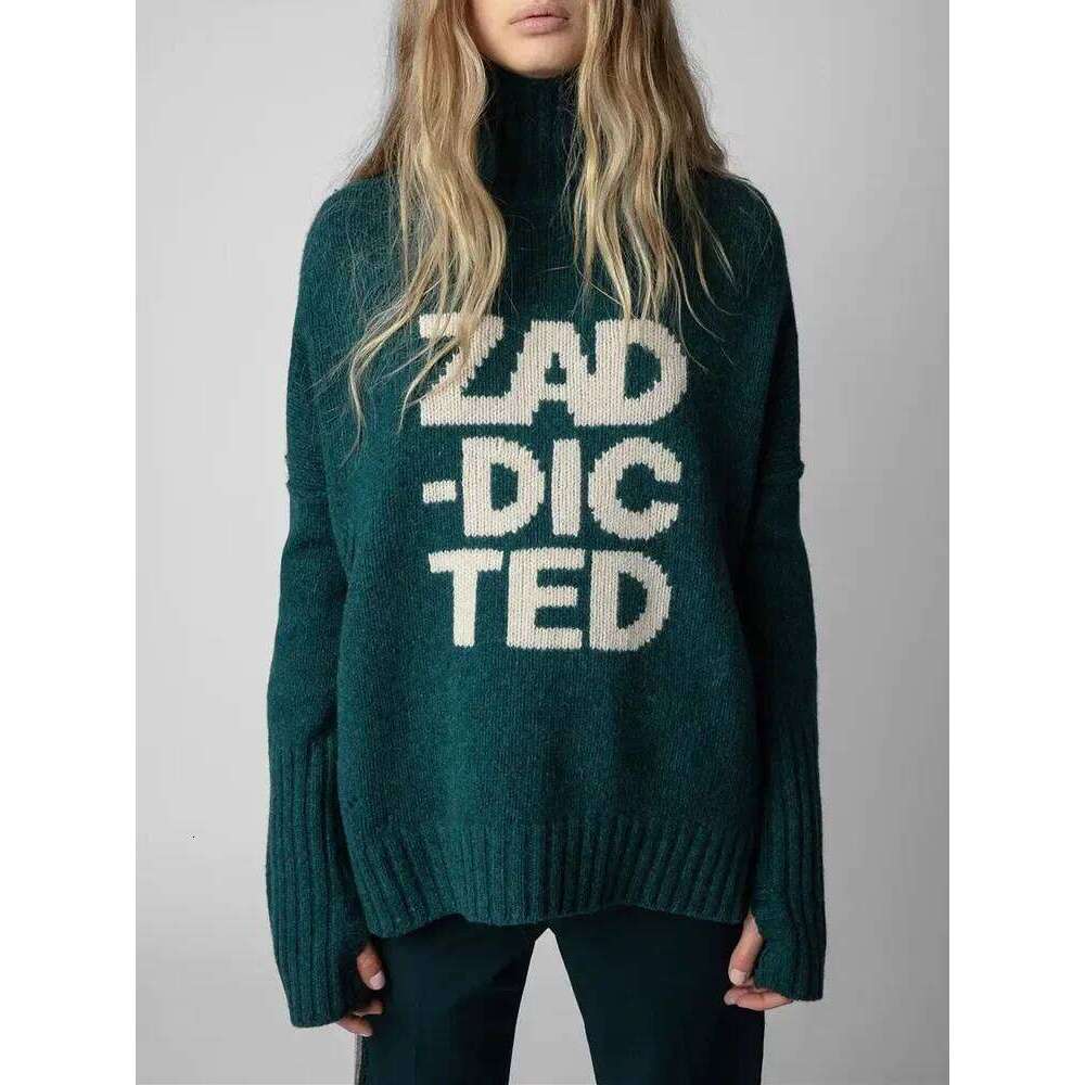 100% Wool Women Letter Print Long Sleeve Cuffs Slit Jumper Sweater Spring New