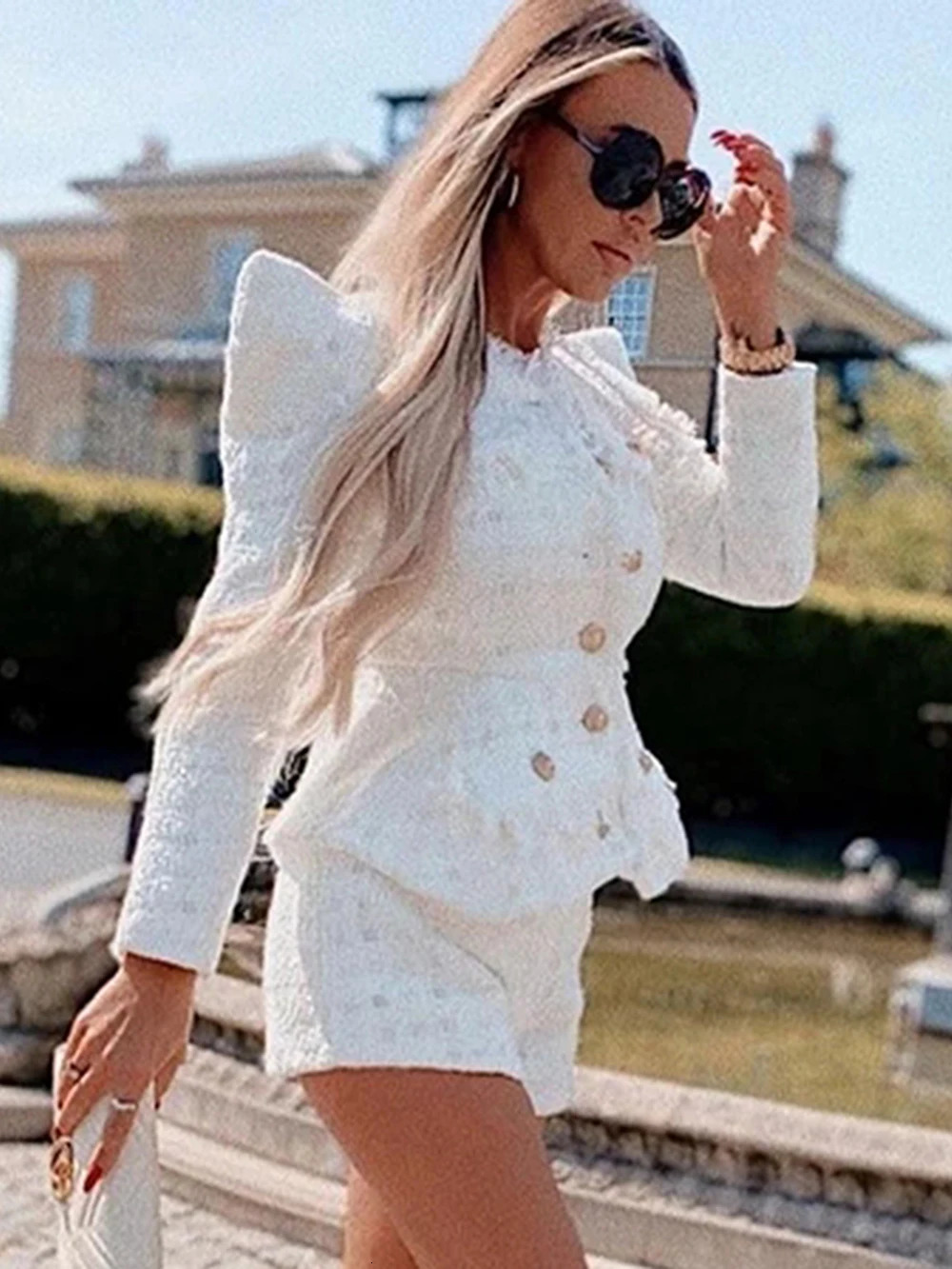 Elegant White Tweed Women Set Singlebreasted Slim Tassels Jacket High Waist Shorts Suit Celebrity Party Sets Fall 250728