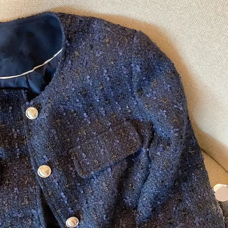Dark Blue Tweed Short Coat Womens Autumn Fashionable Socialite Western Style Woven LongSleeved Top 250728