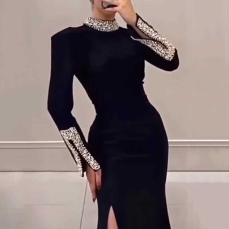 Womens Spring Long Sleeved Slim Banquet Dress Casual Rhinestone Patchwork Dresses Elegant Half High Neck Waist Wrap Hip Dress Z250728