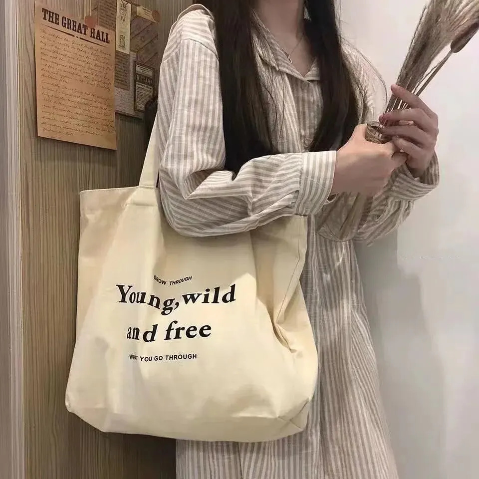 Korean Ins Wind Simple Casual Canvas Bag Students Classes Large Capacity Letter Shoulder Canvas Bag 250723