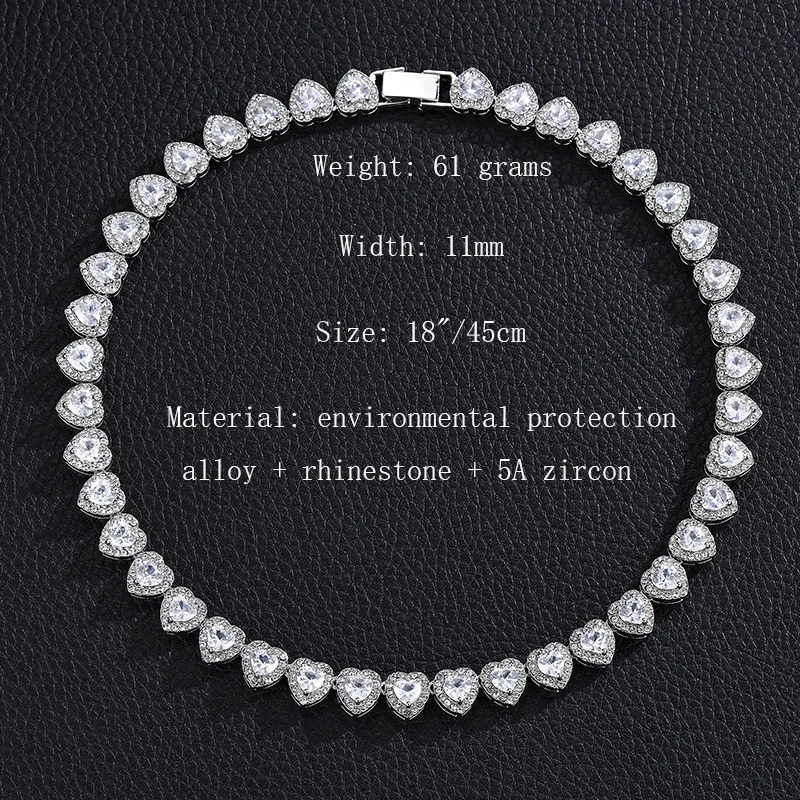 2025 45CM ious Shiny Heart type Rhinestone Hop Tennis Chain Bracelet Necklace for Women Men Jewelry Gift 250722