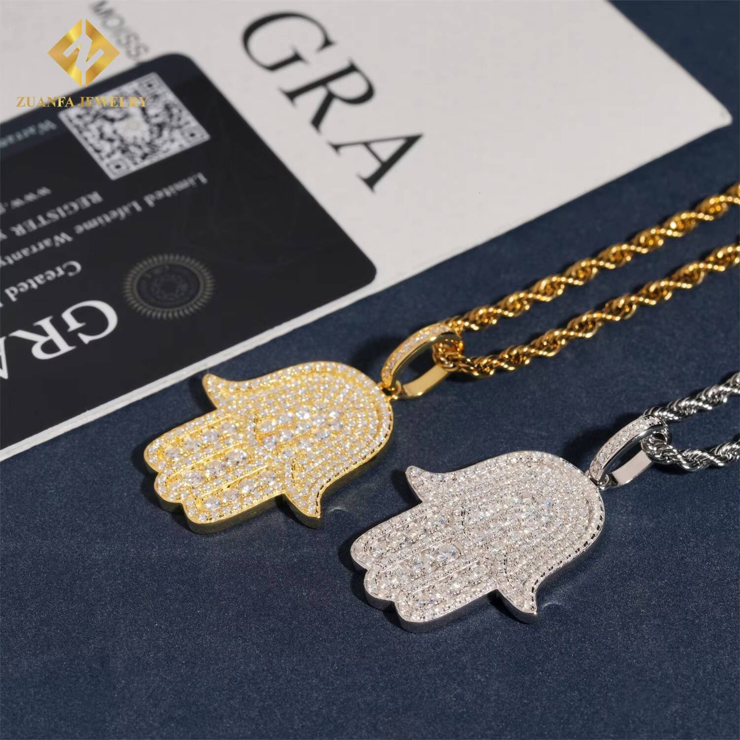 Pass Tester 925 Solid Silver Hip Hop VVS Moissanite Jewelry Lucky Charm Pendant Custom Iced Out Diamond Hamsa Hand Pendant