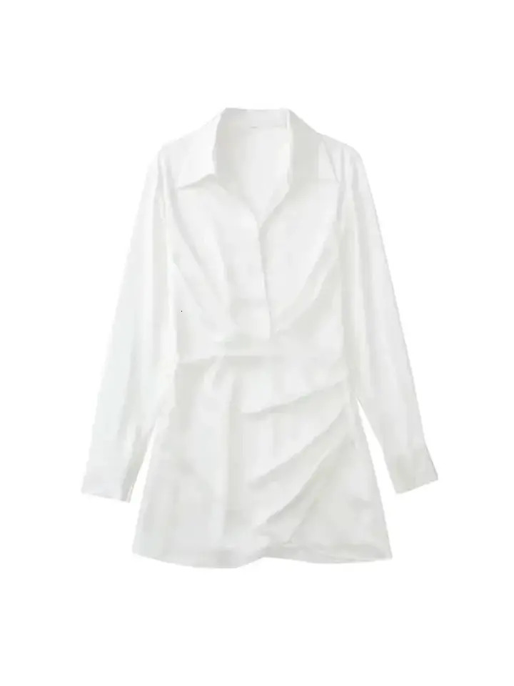 TRZA Women Fashion With Gathered Satin Mini Dress Vintage V Neck Long Sleeve Female Dresses Vestidos Mujer w250728