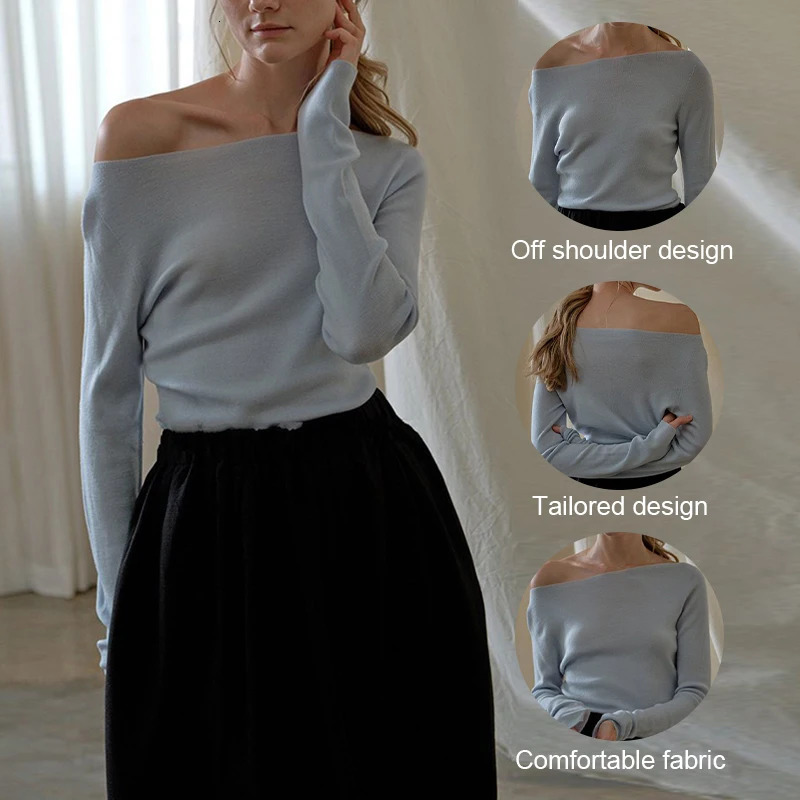 Autumn Winter Womens Tshirt Top Long Sleeve Solid Color Elegant Sexy Off Shoulder Slim Basic Style Versatile Interior Style 250728