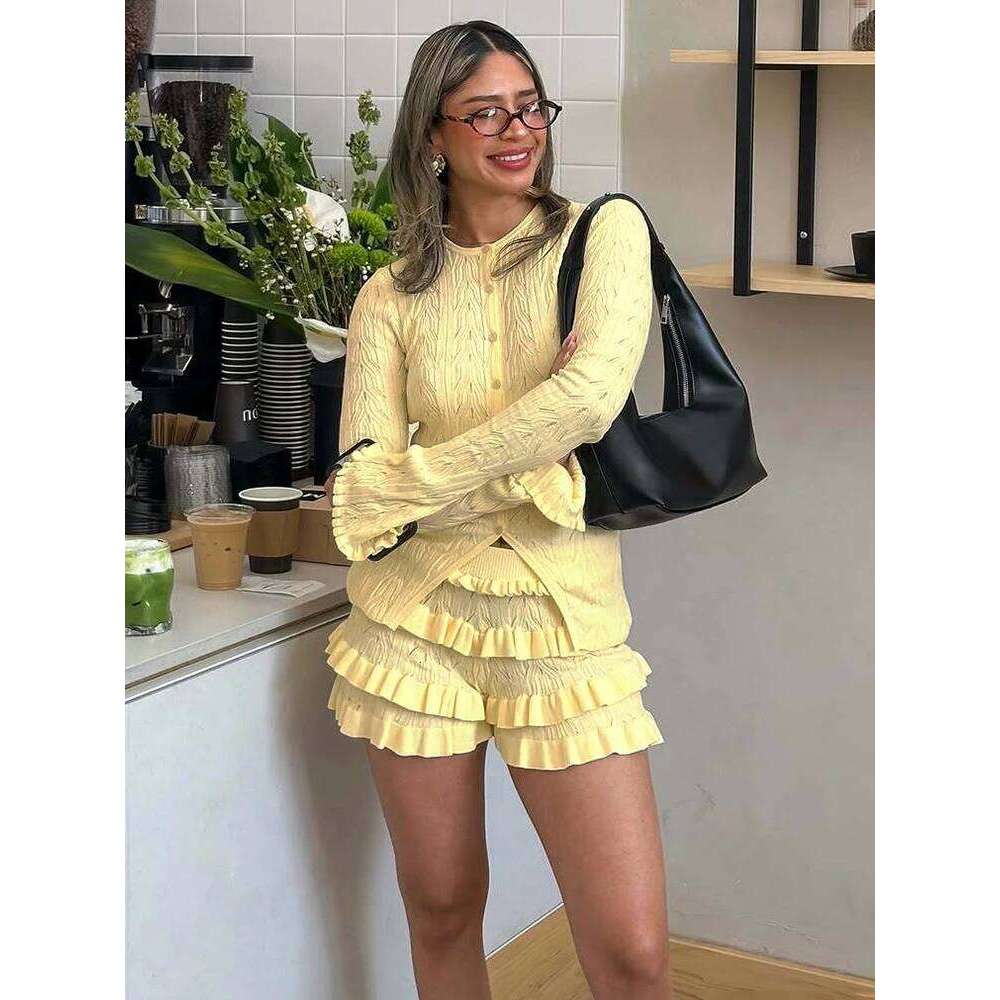 TARXUXY Knitted Cardigan Suit Women's Long Sleeve Sexy Hollow Top Fashion Slim Ruffles Splice Female Shorts Sets