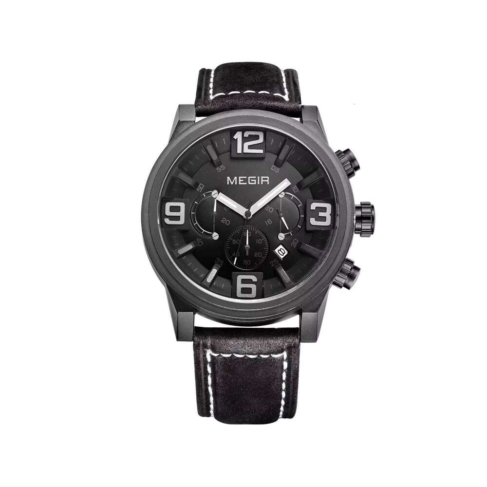 DHwatches MEGIR 3010G Men's Chronograph Watch - 48.5mm Leather Strap, Waterproof, Date, Sport Quartz Watch with Luminous Hands