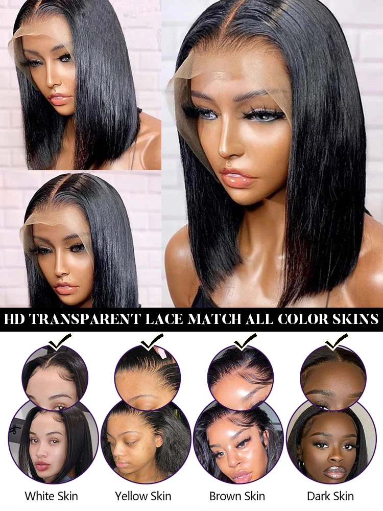 Lace Front Human Hair Wig Transparent Lace Frontal Wigs For Black Women Synthetic Short Bob Wig Multiple Remy Straight Natural Wig