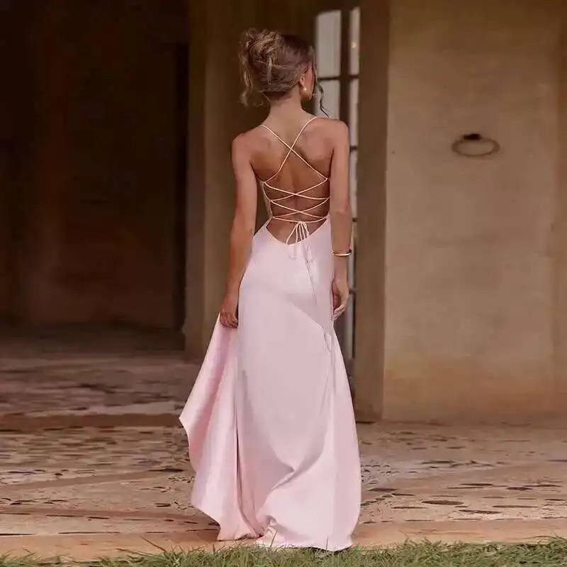 Gyu Sexy Satin Club Evening Party Dresses Summer Women Clothing Elegant Ruffle Irregular Backless Bandage Long Maxi Dress 250728