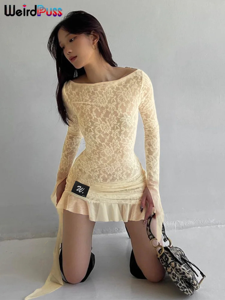 Weird Puss Lace Patchwork Dress Woman Summer Sexy See Through Bandage Backless Ruffles Long Sleeve Irregular Hem Skinny Bodycon 250728