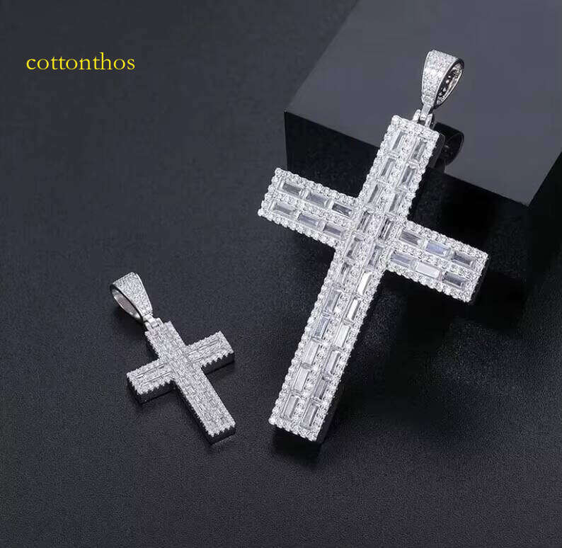 Hiphop Sterling Sier Iced Out VVS Baguette Cut Moissanite Cross Pendant