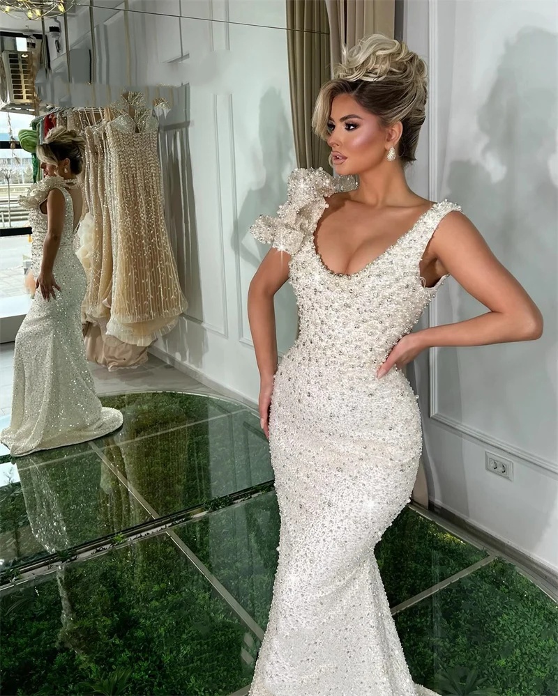Classic Mermaid Wedding Dress Jewel Neck Sleeveless Bridal Gowns Sequins Pearls 3D Floral Sweep Train Dresses Custom Made vestidos de novia