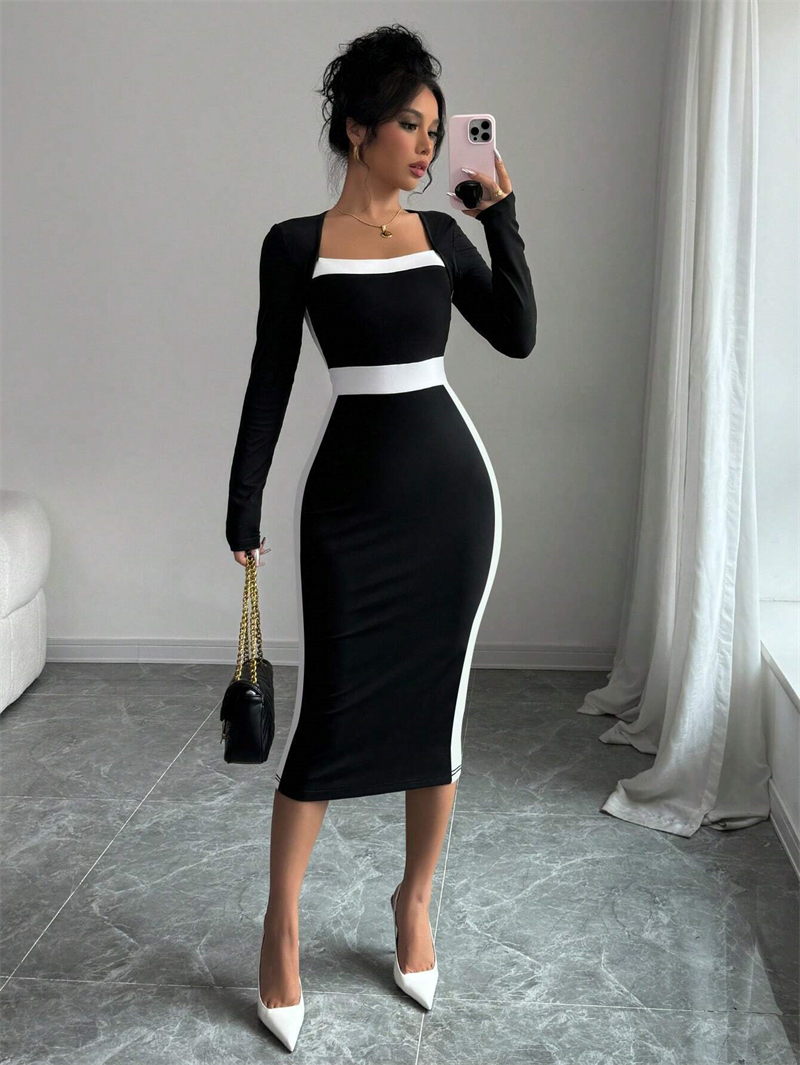 hot Free shipping designer fashion classic versatile light luxury womens clothing splicing color collision medium long skirt long sleeved dress
