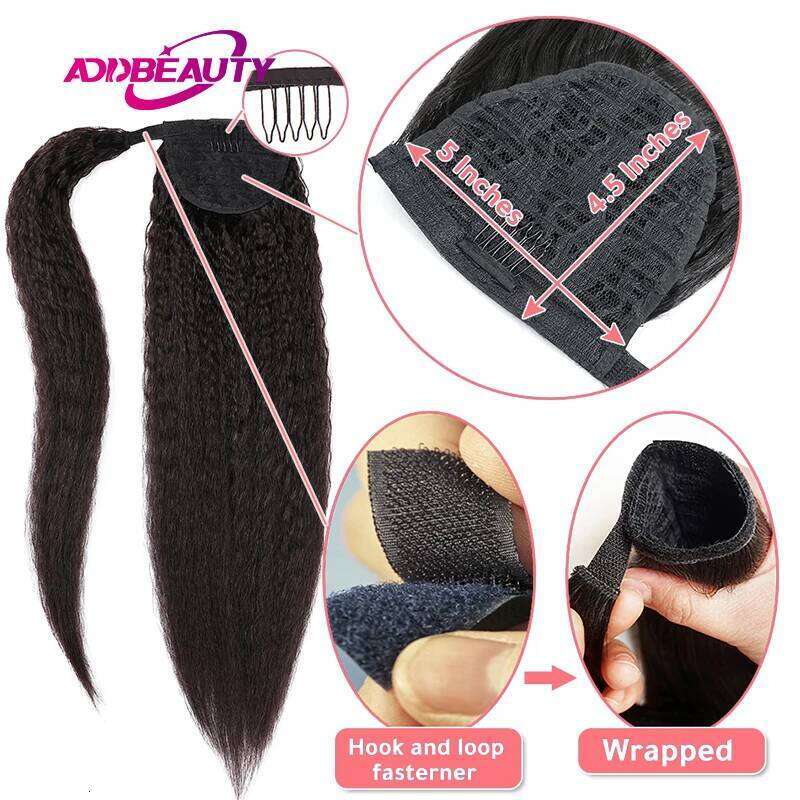 Yaki Straight Clip in Remy Hair Extension Drawstring Ponytail Wrap Around Women Human Hairpiece Style