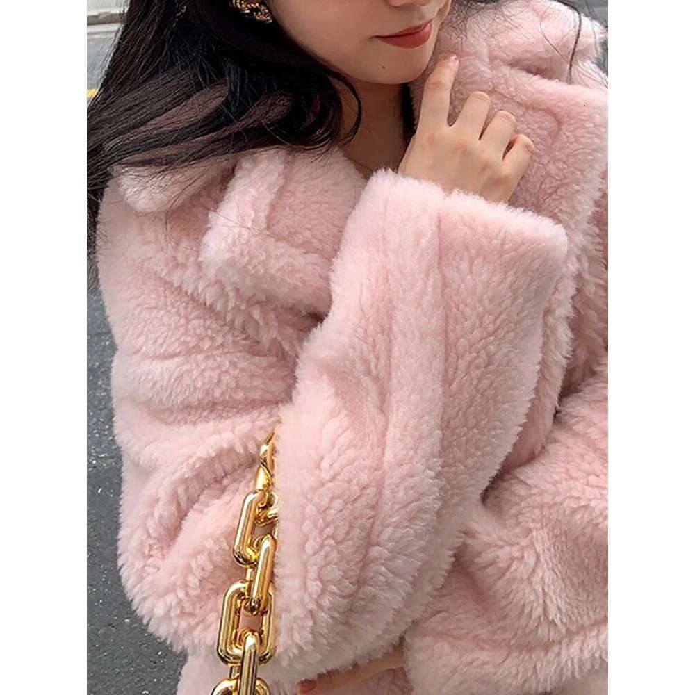 Lautaro Winter Oversized Long Pink Thick Warm Teddy Coat Women Double Breasted Loose Casual Stylish European Faux Fur Overcoat