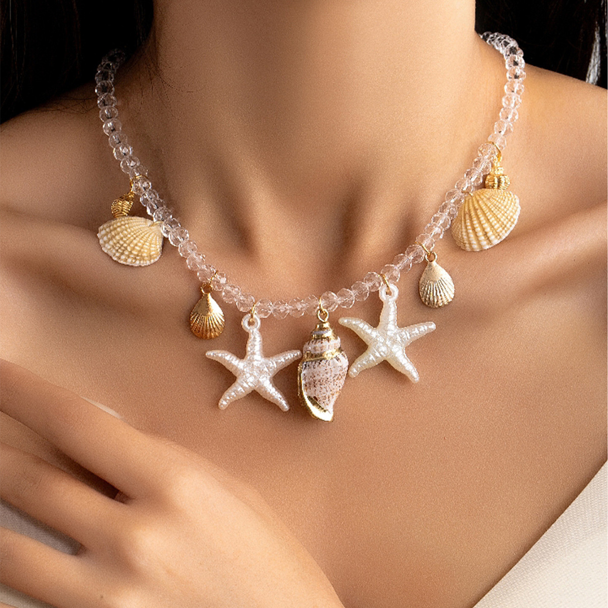 Summer Ocean Style Conch Shell Fashion Transparent Beaded Beach Vacation Starfish Necklace Jewelry for Women