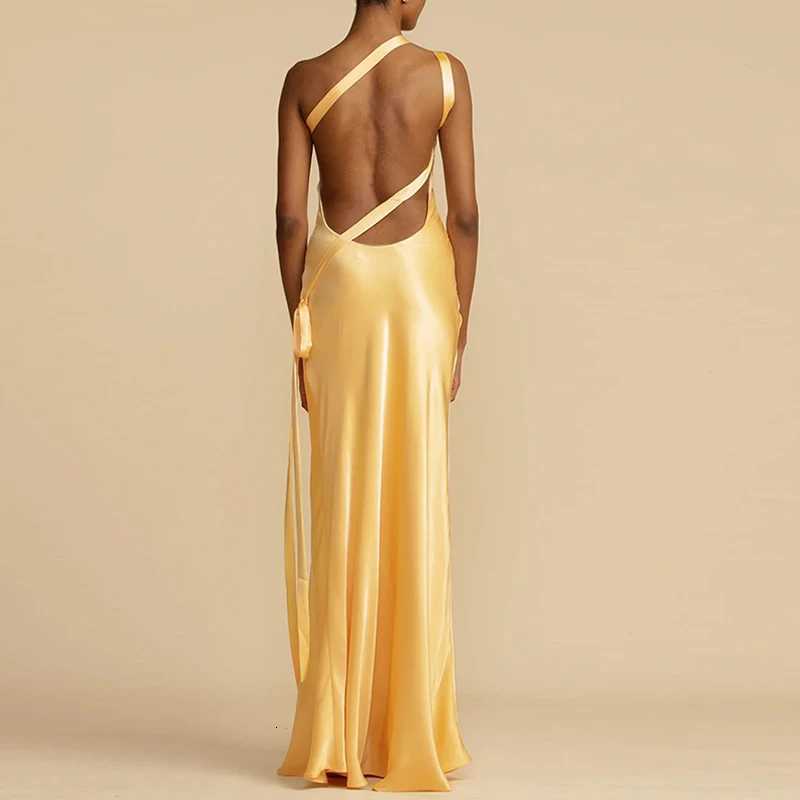2024 Spring Sexy Inclined Shoulder Party Dress Women High Waist Satin Boho Long Dress Summer Backless Hollow Bandage Maxi Dress Z250728