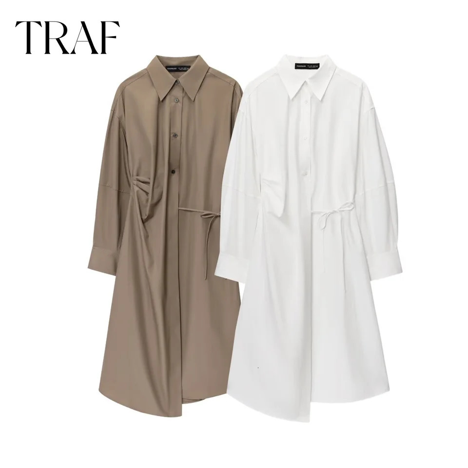 TRAF White Big Shirt Dress Summer Lapel Long Sleeved Loose Asymmetrical Poplin Robe Chic French Elegant Evening Dresses 250728