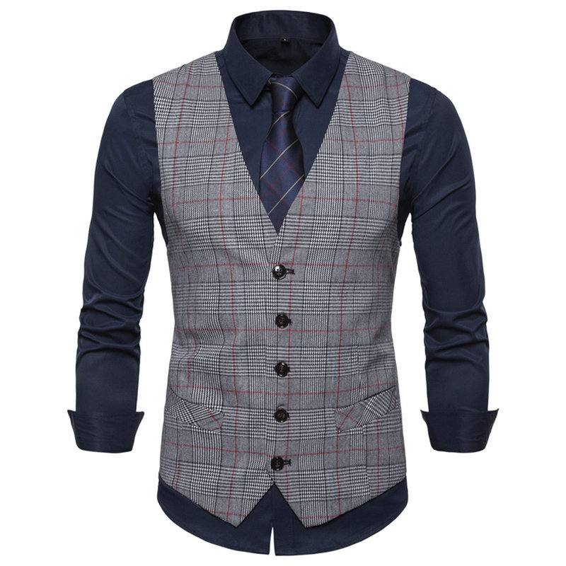 Mens single breasted Vneck suit checkered vest business