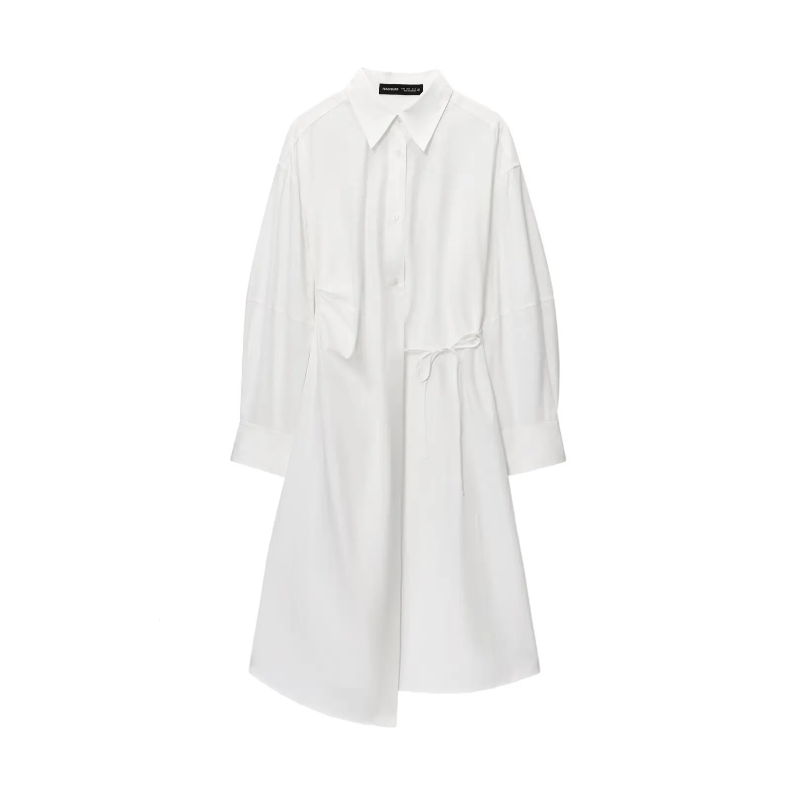 TRAF White Big Shirt Dress Summer Lapel Long Sleeved Loose Asymmetrical Poplin Robe Chic French Elegant Evening Dresses 250728