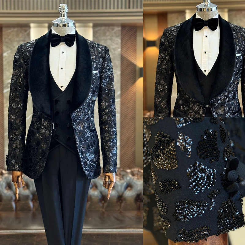 Groom Wear 3 Pieces Customized Men Suits Slim Fit Fashion Gentleman Shawl Lapel One Button Luxury Sequins Wedding Tuxedos