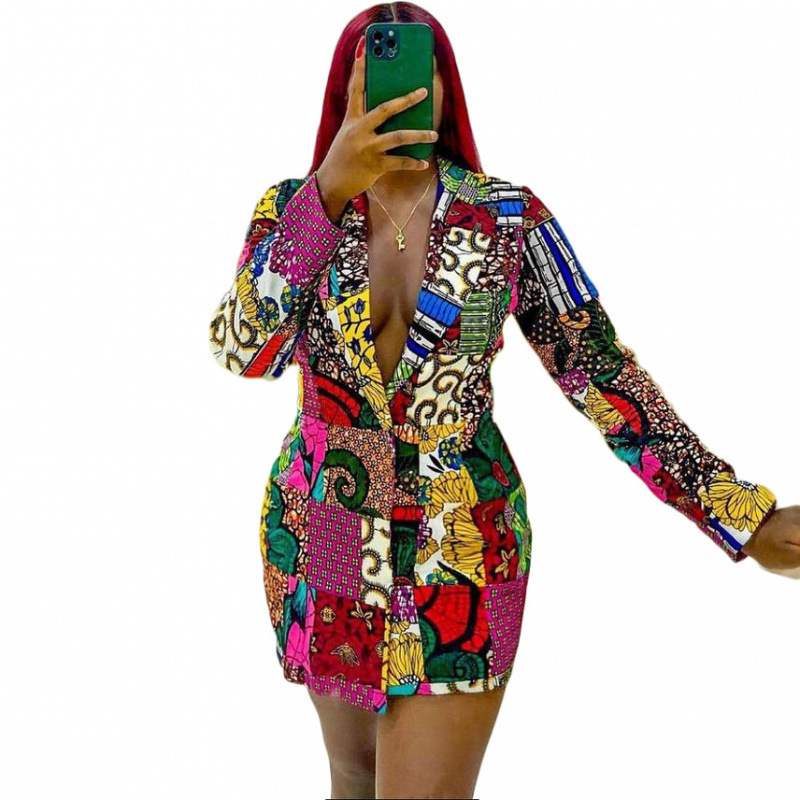 Elegant Ethnic Style Suit Collar Printed Long Sleeve Plus Size Dress 240729