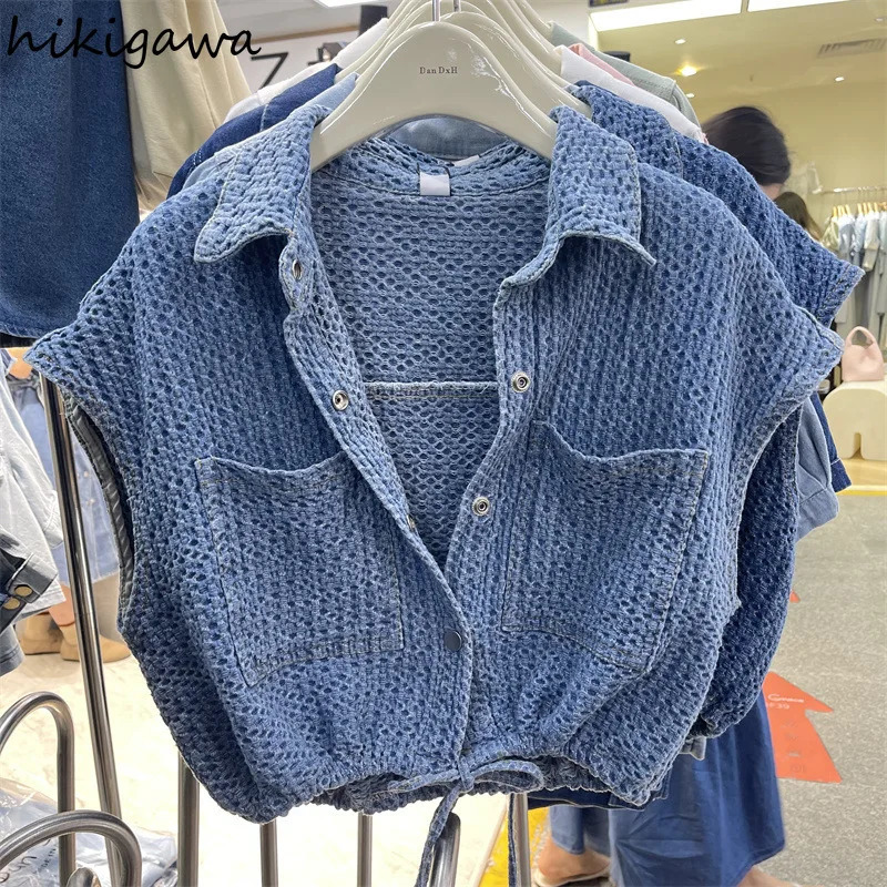 Denim Crop Jackets for Women 2025 Ropa Mujer Short Sleeve Slim Waist Drawstring Outwear Y2k Tops Casual Fashion Summer Coat 250728