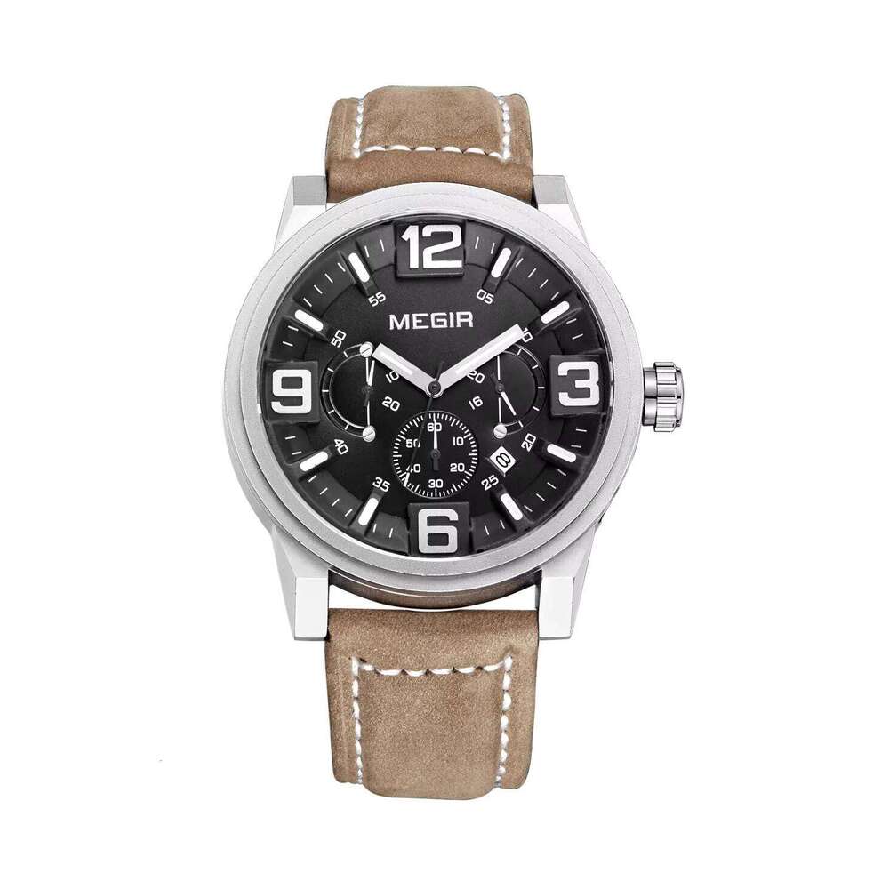 DHwatches MEGIR 3010G Men's Chronograph Watch - 48.5mm Leather Strap, Waterproof, Date, Sport Quartz Watch with Luminous Hands