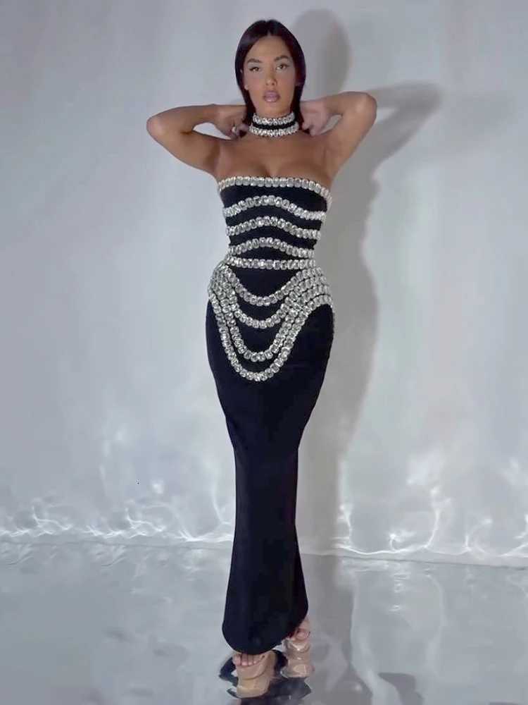 VC Black Strapless Long Dress Embellished Bodycon Bandage Prom Celebrity Party Evening Gowns Dropshipping Z250728