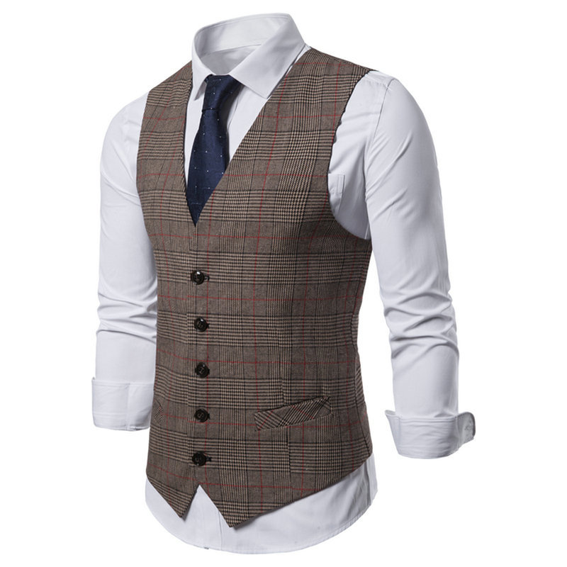 Mens single breasted Vneck suit checkered vest business