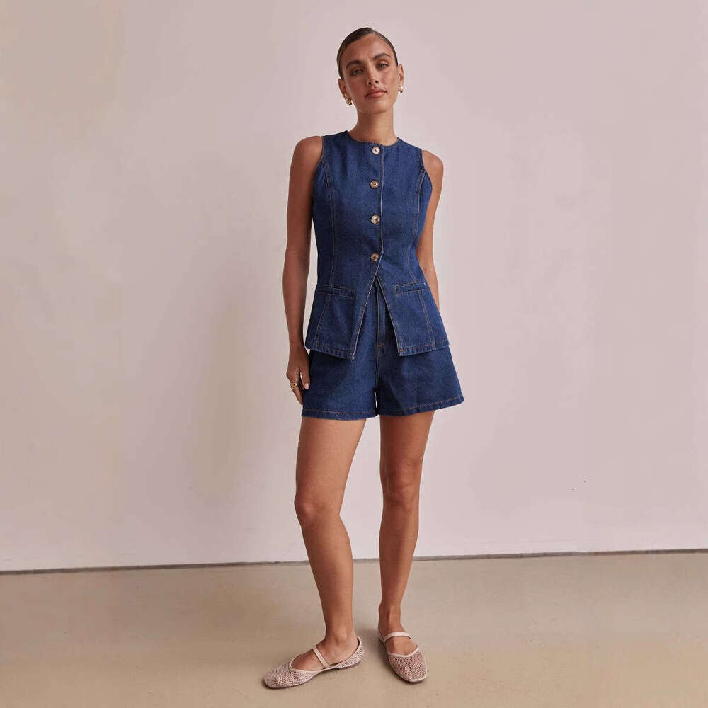 2025 Spring Summer New European and American Fashion Sleeveless Design Waist-Cinching High-Waist Loose Denim Shorts 2-Piece Set