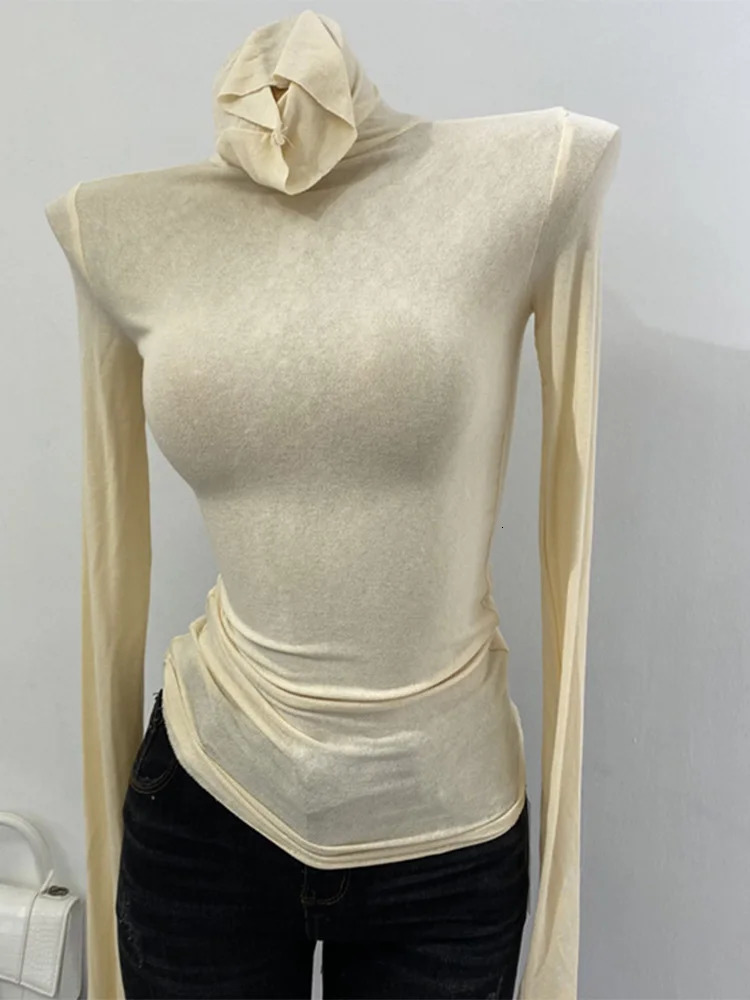 Thin Soft American Long Sleeve Tshirt High Stacked Neck Tight Perspective Bottom Shirt Womens Slim Fit Tops Sexy Streetwear 250728