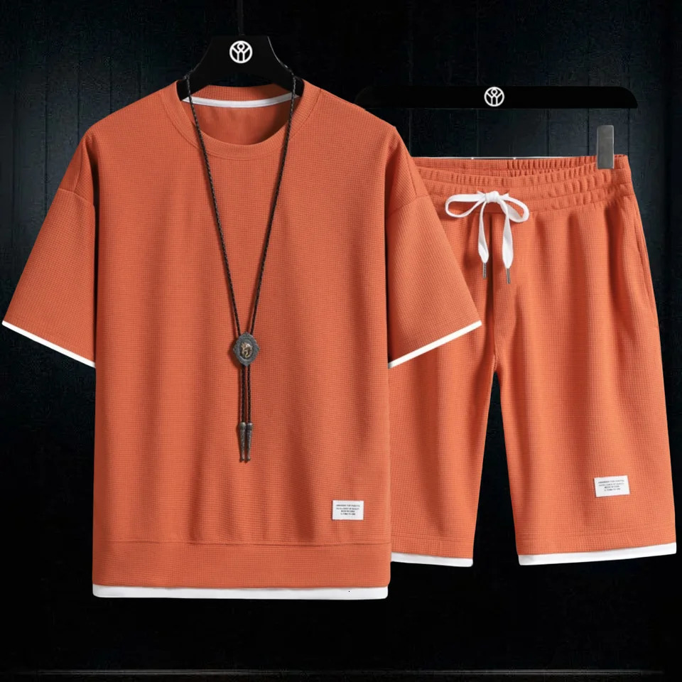 2025 3D Mens Waffle Summer Suit Casual Tshirt Shorts Suit Mens Tracksuit Solid color tracksuit loose suit 250724