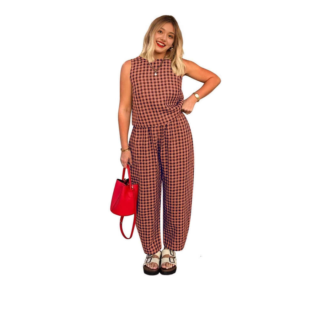 2025 Cross-Border Hot-Selling European American Women's Fashion New Solid Color Plaid Loose Casual Sleeveless Vest and Long Pants Set