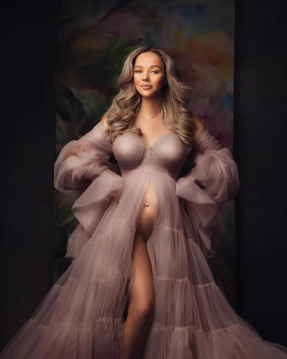 Dreamy Maternity Dresses Sweetheart Long Sleeves Prom For Photo Shoot or Baby Shower High Split Sweep Train Photoshoot Gown Customized