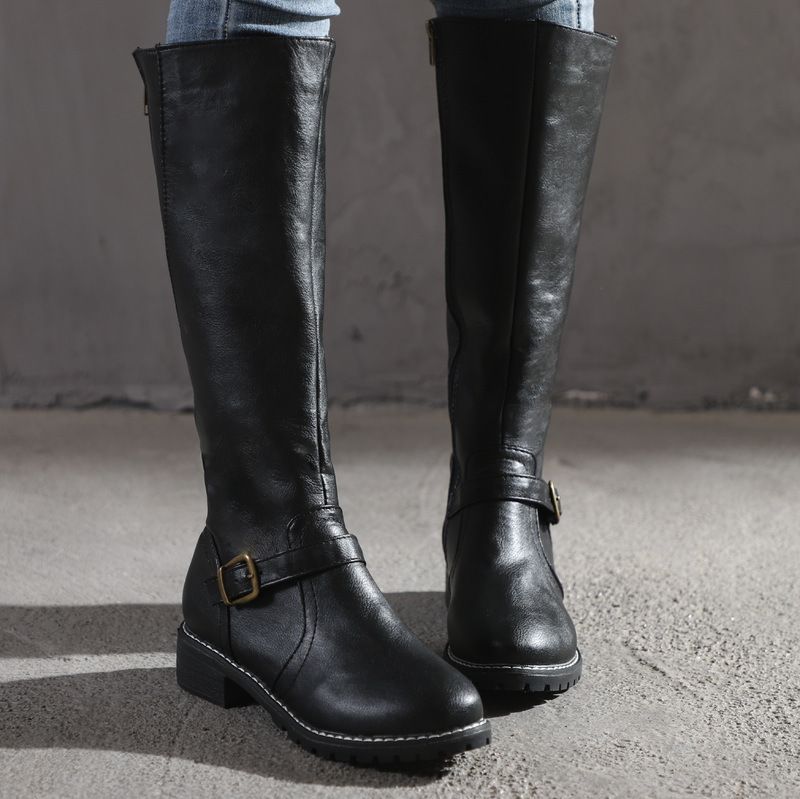 Brown & Black Leather Knee-High Boots with Zipper for Cold Weather