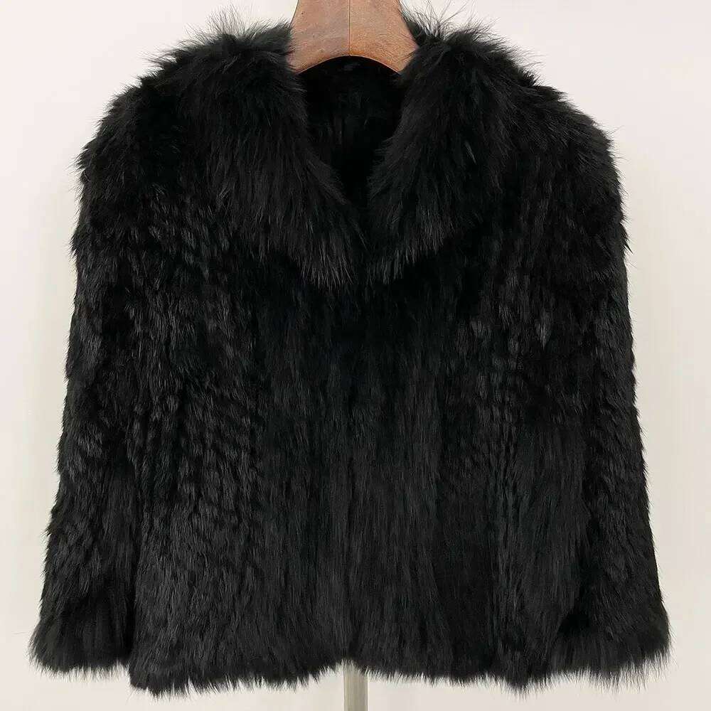 Autumn Knitted Shawl Fox Collar Jacket 2024 Winter New Natural Real Rabbit Fur Coat