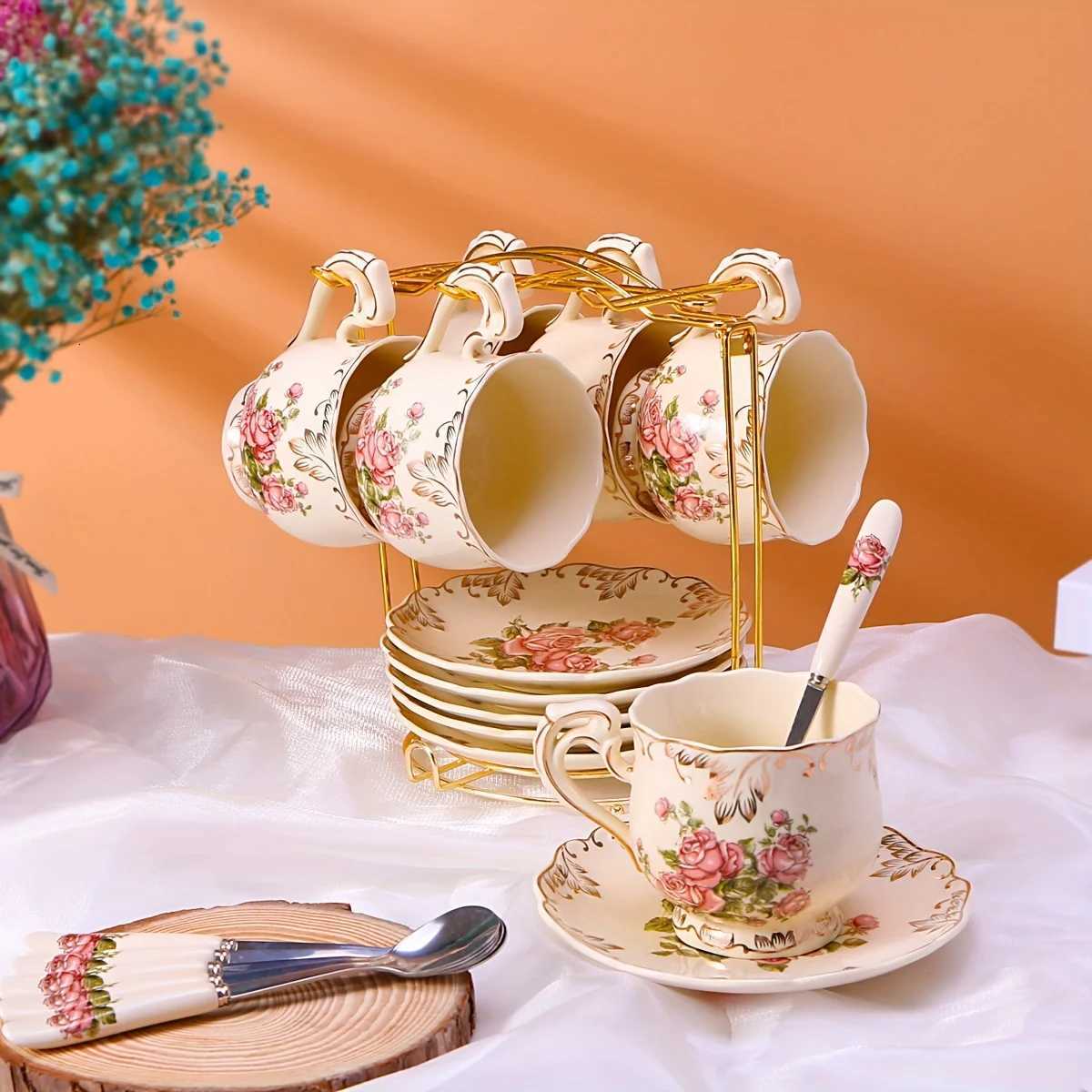 19-Piece European Tea Set - 6 Cups/Saucers/Spoons with Stand Vintage Porcelain for Afternoon Tea Holiday Gifts X250728